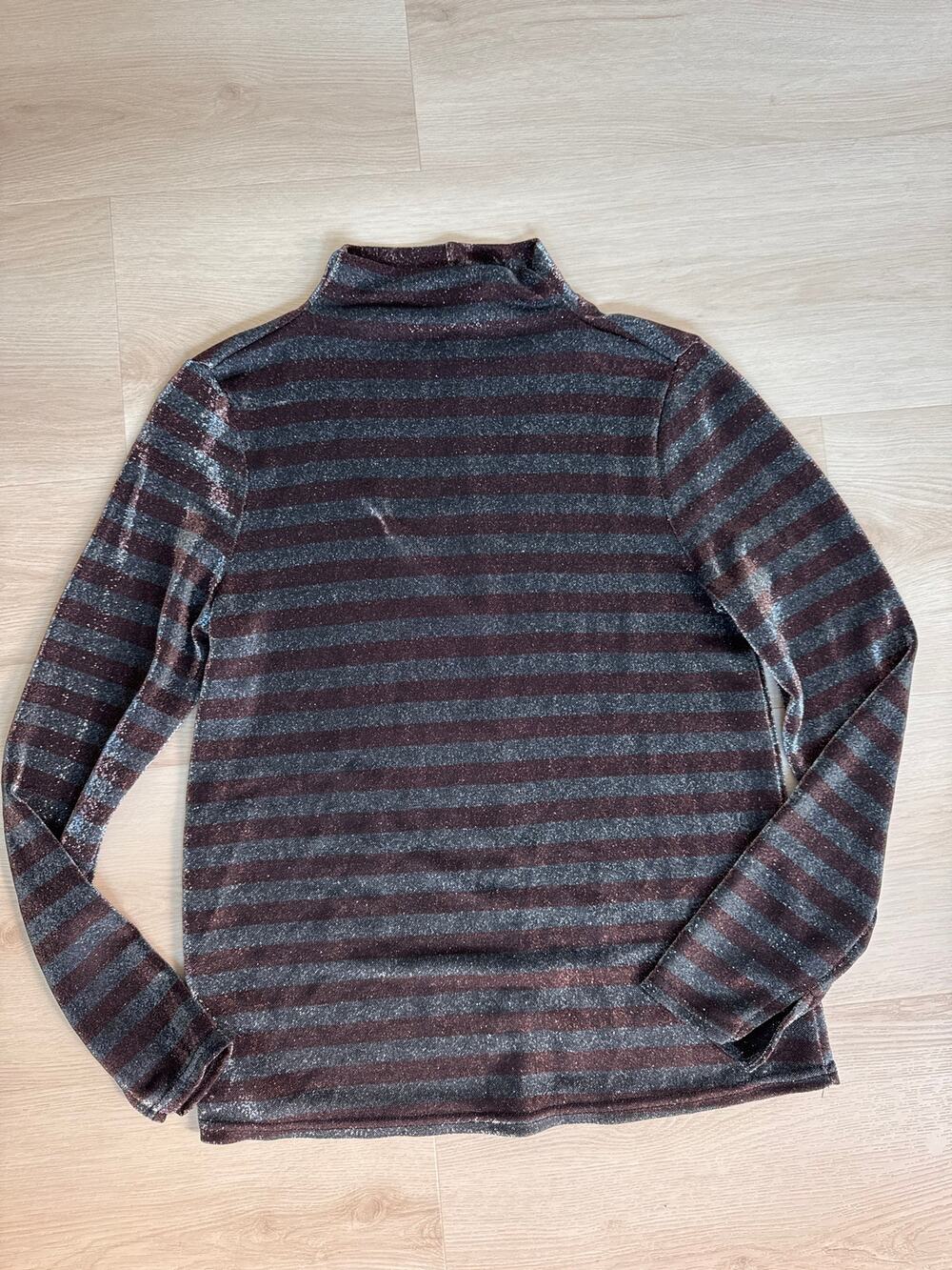 Nine West Women's Striped Mock Neck Long Sleeve Knit Top Brown Gray Metallic